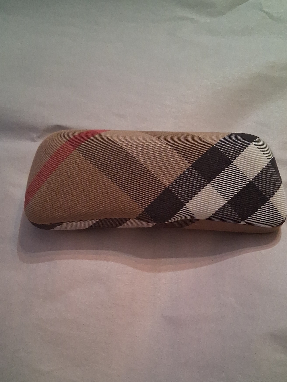 Burberry Tan Plaid Women's Glasses Case with Black, White & Red Accents